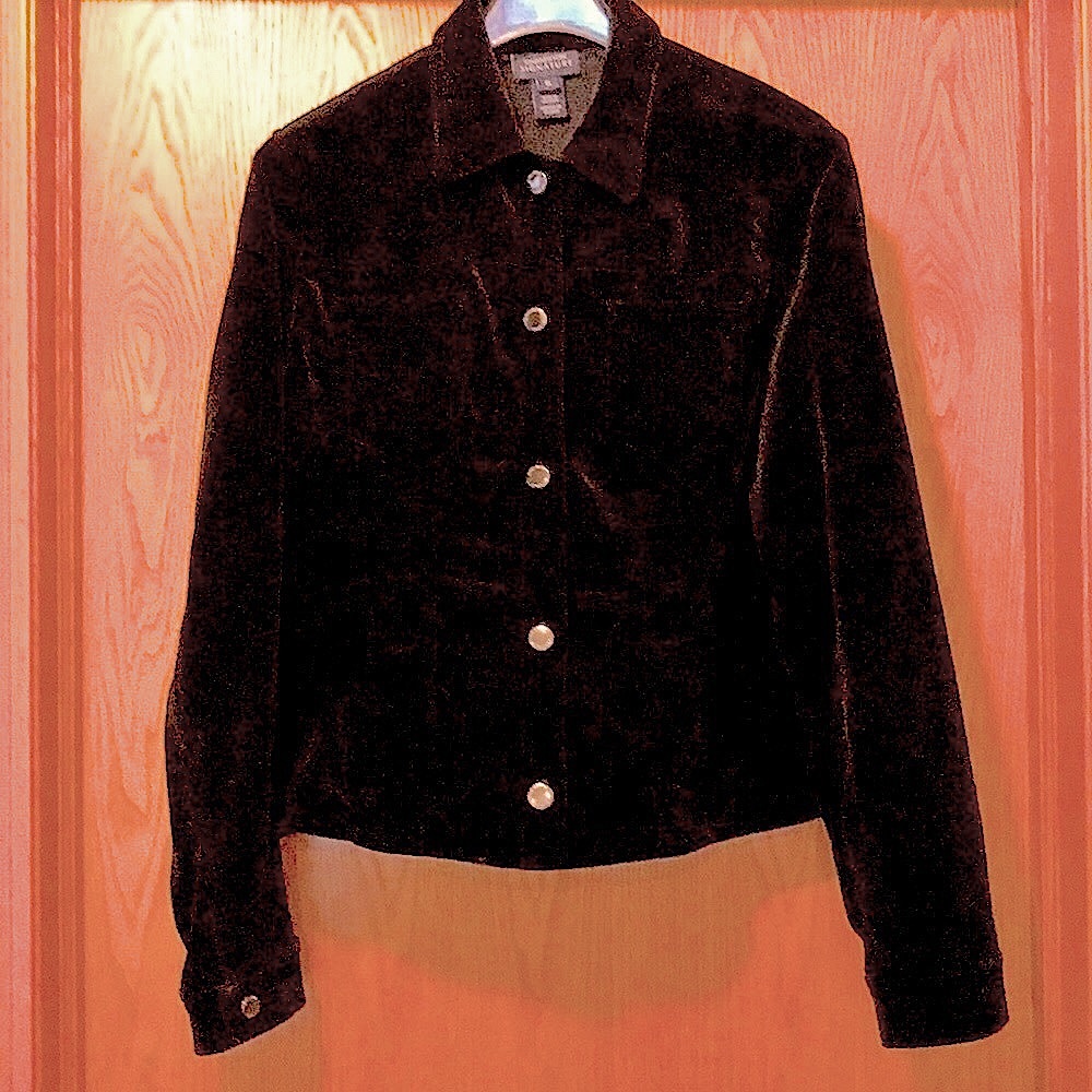 Jones New York Small Lined Black Velvet shirt trucker jacket silver buttons VGUC